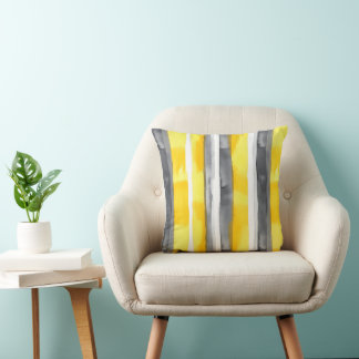Watercolor Yellow Grey White Striped  Cushion
