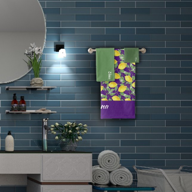 Watercolor yellow lemon green pattern  name bath towel set (Creator Uploaded)