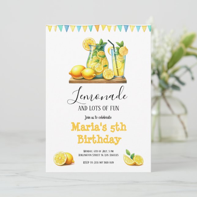 Watercolor Yellow Lemonade Lemons Birthday Party Invitation (Standing Front)