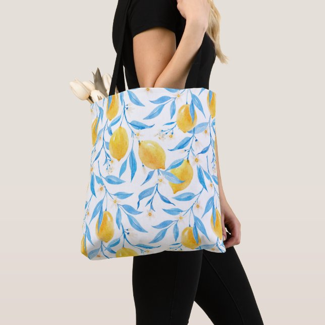 Watercolor Yellow Lemons and Blue Leaves Tote Bag (Close Up)