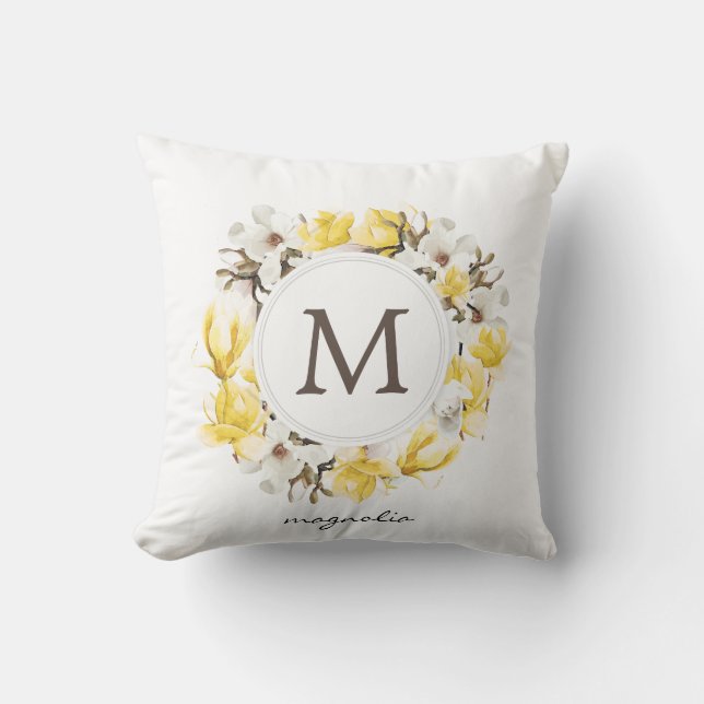 Watercolor Yellow Magnolia Wreath Monogram Cushion (Front)