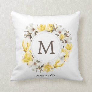Watercolor Yellow Magnolia Wreath Monogram Cushion