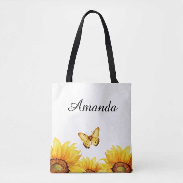 Watercolor Yellow Nice Butterfly Name Sunflower Tote Bag (Front)