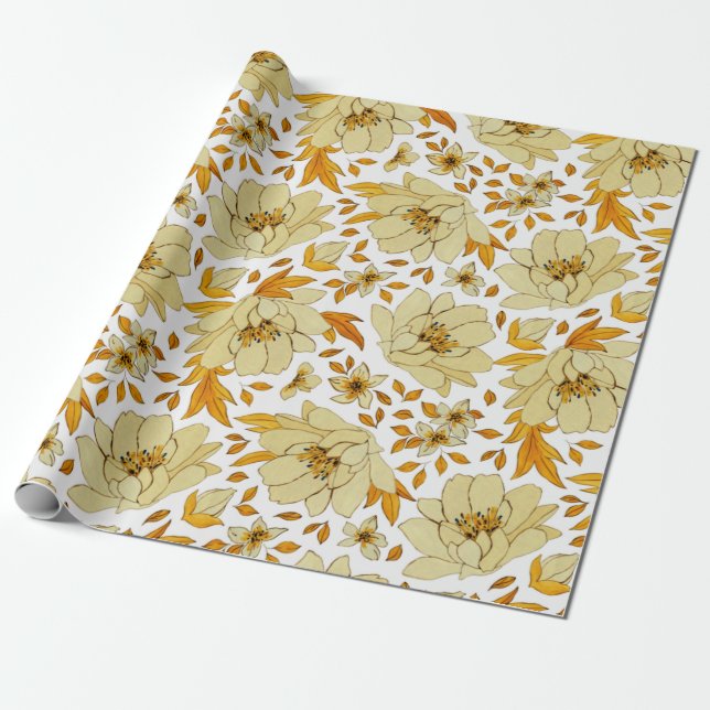 Watercolor Yellow Orange Flower Pattern  Wrapping Paper (Unrolled)