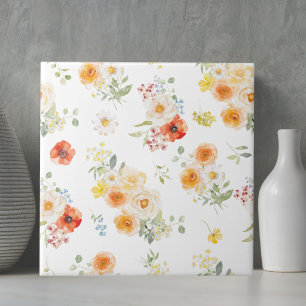 Watercolor Yellow Orange Flowers Floral Pattern Ceramic Tile