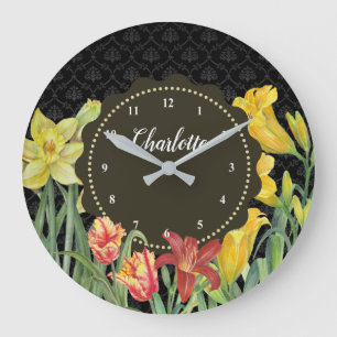 Watercolor Yellow Orange Spring Flowers Damask Large Clock