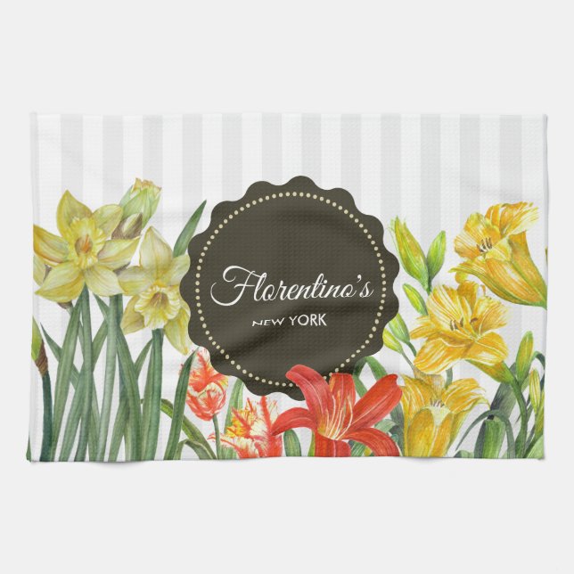 Watercolor Yellow Orange Spring Flowers Design Tea Towel (Horizontal)