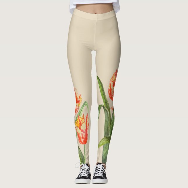 Watercolor Yellow Parrot Tulips Floral Art Leggings (Front)