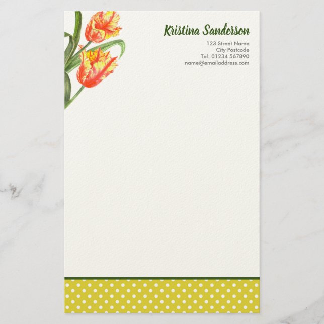 Watercolor Yellow Parrot Tulips Floral Art Stationery (Front)