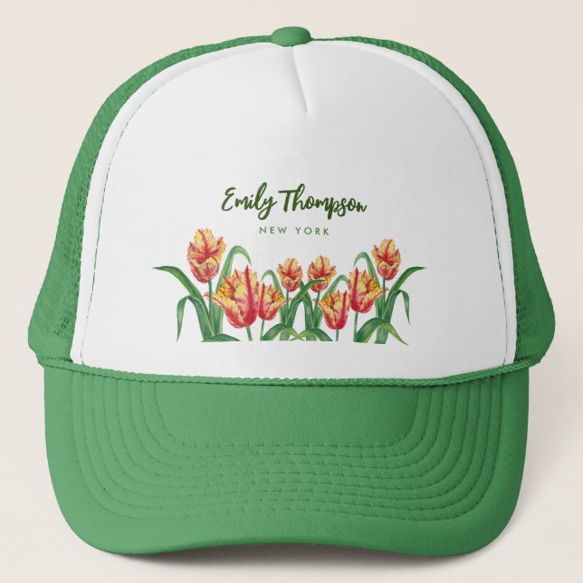 Watercolor Yellow Parrot Tulips Floral Art Trucker Hat (Front)