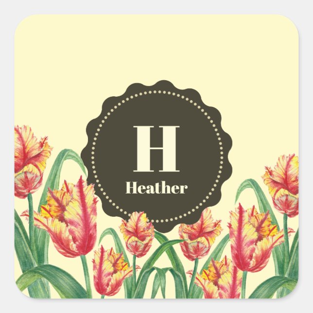 Watercolor Yellow Parrot Tulips Floral Monogram Square Sticker (Front)