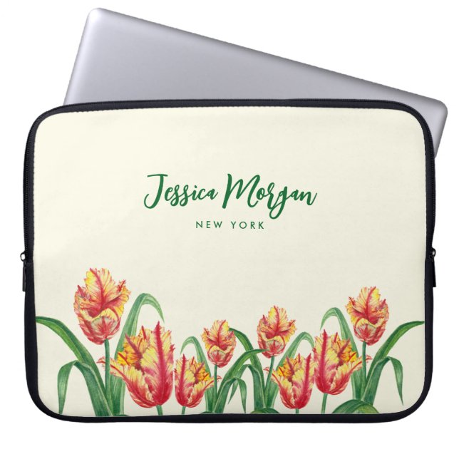 Watercolor Yellow Parrot Tulips Illustration Laptop Sleeve (Front)