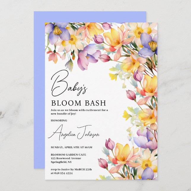 Watercolor Yellow Periwinkle Flowers Baby Shower Invitation (Front/Back)