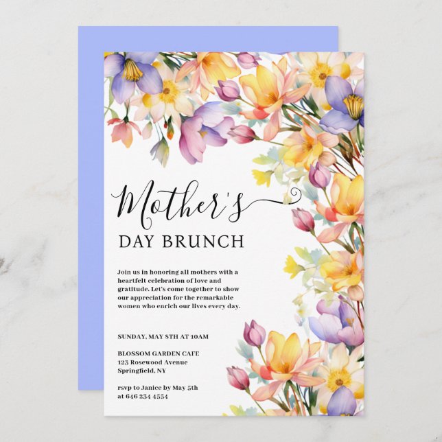 Watercolor Yellow Periwinkle Flowers Mother's Day Invitation (Front/Back)