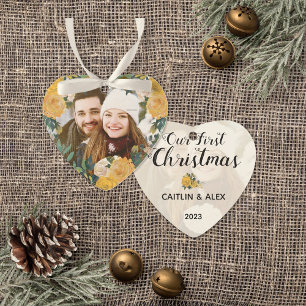 Watercolor Yellow Roses Couple Photo Christmas Ornament