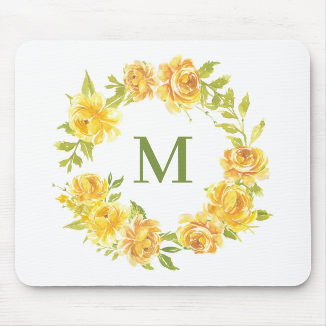 Watercolor Yellow Roses Floral Wreath Monogram Mouse Pad (Front)