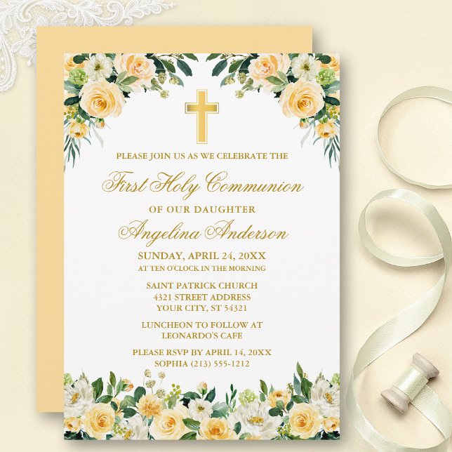 Watercolor Yellow Roses White Floral Communion Invitation (Customize to change text color, size, style or to change color of back of card.)