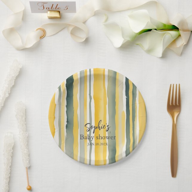 Watercolor Yellow Stripe Baby Shower  Paper Plate (Wedding)