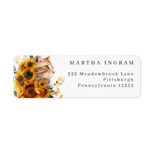 Watercolor yellow sunflower and cat  return address label