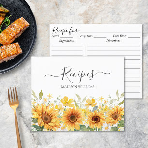 Watercolor Yellow Sunflower Family Recipe Card