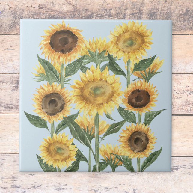 Watercolor Yellow Sunflower Floral Ceramic Tile (Close up)