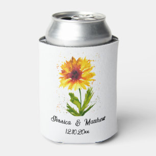 Watercolor yellow sunflower floral nature Weddings Can Cooler