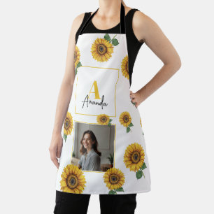 Watercolor Yellow Sunflower Monogram Mum Apron