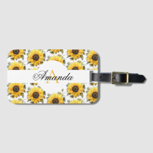 Watercolor Yellow Sunflower Name Monogramed Luggage Tag