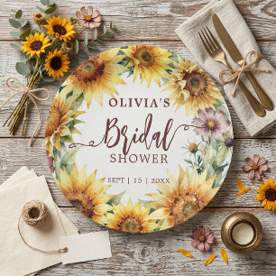 Watercolor Yellow Sunflower Rustic Bridal Shower Paper Plate