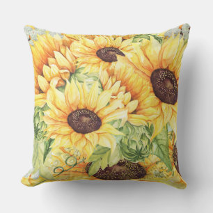 Watercolor Yellow Sunflowers and Greenery Cushion