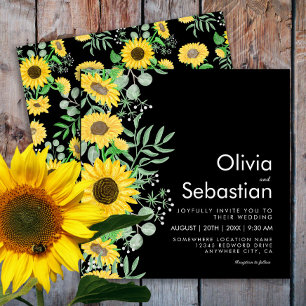 Watercolor Yellow Sunflowers Black Square Wedding Invitation