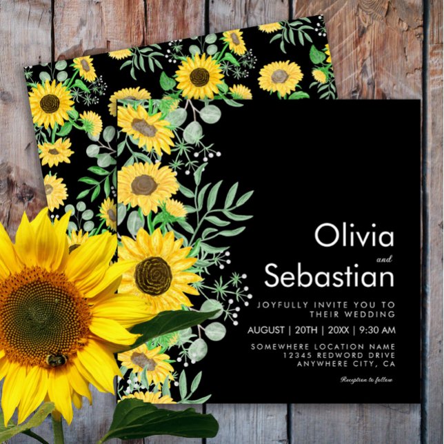 Watercolor Yellow Sunflowers Black Square Wedding Invitation (Creator Uploaded)