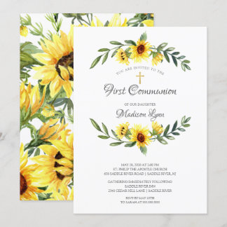 Watercolor Yellow Sunflowers First Communion Invitation