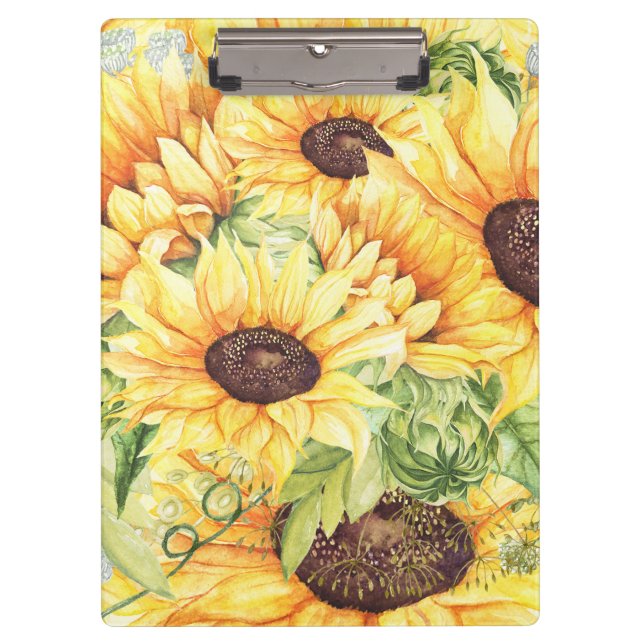 Watercolor Yellow Sunflowers Greenery Clipboard (Front)