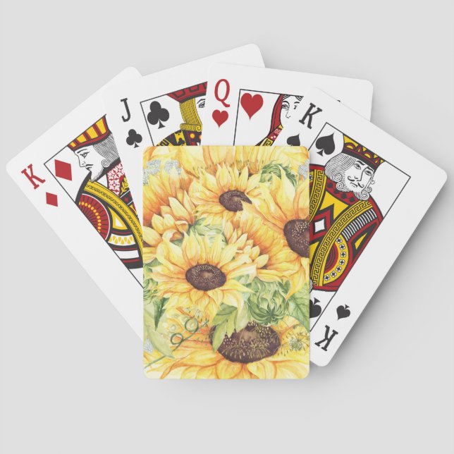 Watercolor Yellow Sunflowers Greenery Playing Cards (Back)