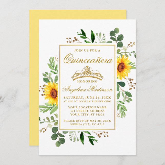 Watercolor Yellow Sunflowers Greenery Quinceanera Invitation (Front/Back)