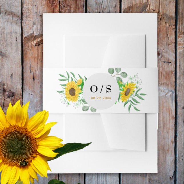 Watercolor Yellow Sunflowers Monogram Wedding Invitation Belly Band (Creator Uploaded)