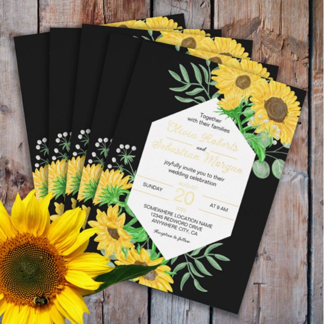 Watercolor yellow sunflowers on black wedding gold (Creator Uploaded)