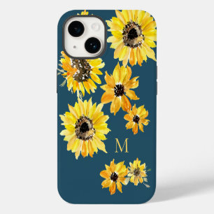 Watercolor yellow sunflowers on blue Monogram iPhone 14 Case