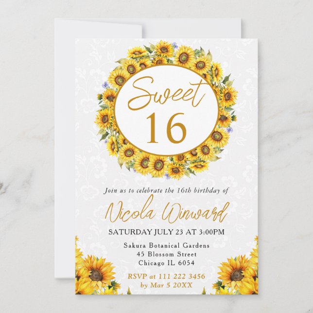 Watercolor Yellow Sunflowers Wreath Sweet 16 Invitation (Front)