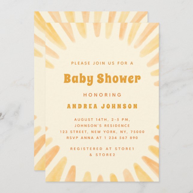Watercolor Yellow Sunshine Neutral Sun Baby Shower Invitation (Front/Back)