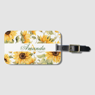 Watercolor Yellow Various Sunflowers Monogram Luggage Tag