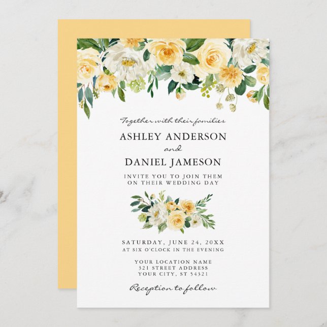 Watercolor Yellow White Floral Elegant Wedding Invitation (Front/Back)