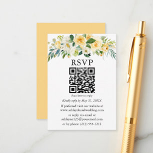 Watercolor Yellow White Floral Wedding QR RSVP Enclosure Card