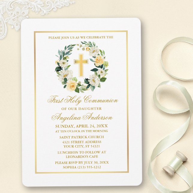 Watercolor Yellow White Floral Wreath Communion Invitation (Customize to change text color, size, style or to add photos or more text to back of card.)