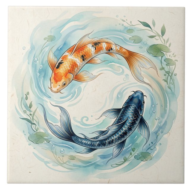 Watercolor Yin Yang Koi Fish Ceramic Tile (Front)