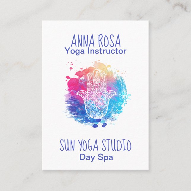 *~* Watercolor Yoga Spa Hamsa Hand Business Card (Front)