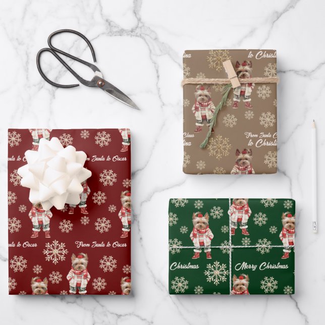 Watercolor Yorkie Snowflake Custom Christmas Wrapping Paper Sheet (Front)