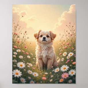 Watercolor Yorkshire Terrier in Flower Field Wall Poster