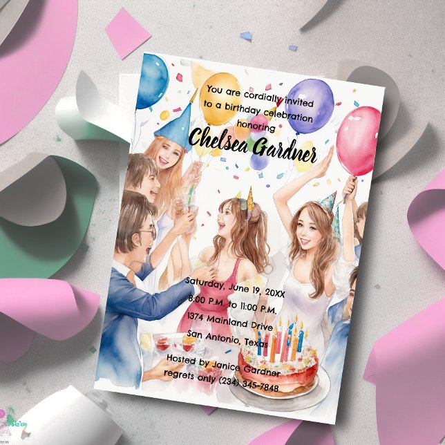 Watercolor Young People Celebrating Birthday Invitation (Creator Uploaded)